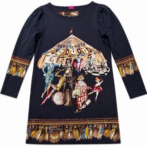 RARE Save The Queen Dress XL Circus Print Graphic Long Sleeve Designer Italy Y2K